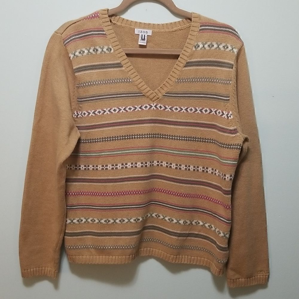 Vintage IZOD tan with print V neck sweater. Size L.
